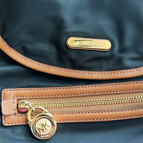 Michael Kors Black Nylon Backpack Bag with Brown Trim and Cream Canvas Straps - Picture 5 of 8